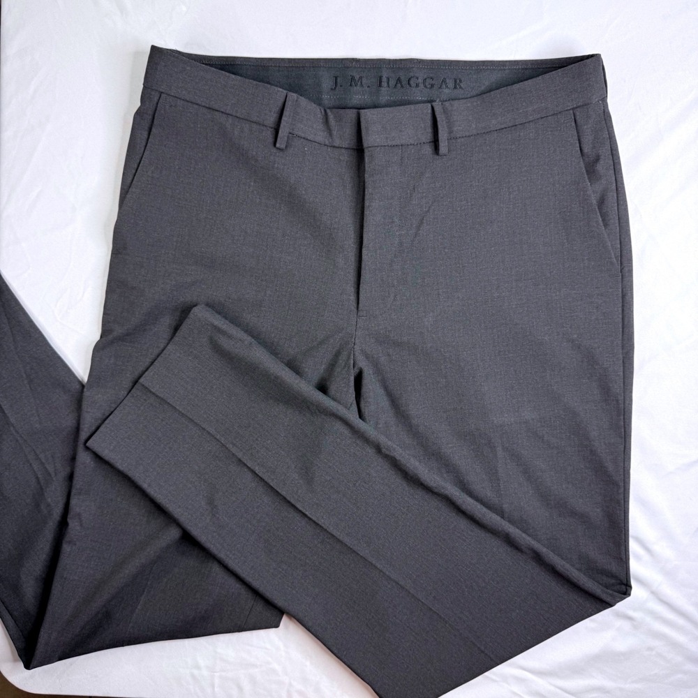 JM Haggar Mens Slim Dress Pants 36x32 Charcoal Gray Stretch Flat Front Trouser